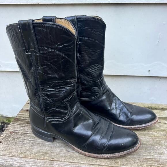 Vintage 80s Justin Boots Roper Black Pull On Leather...